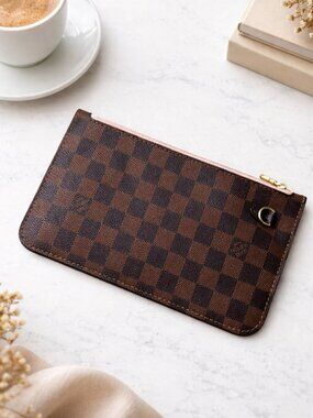 Designer Damier Check Zip Pouch Pink Lining Gold Hardware